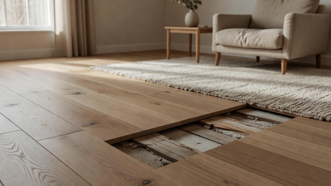 Wood Flooring Over Uneven Wood and Cement Subfloor — modern flooring photography