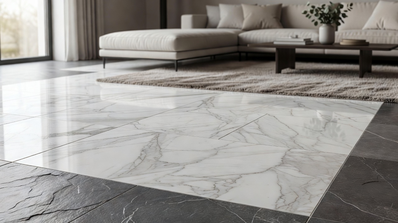 Marble Tile over a Slate Slab — modern flooring photography