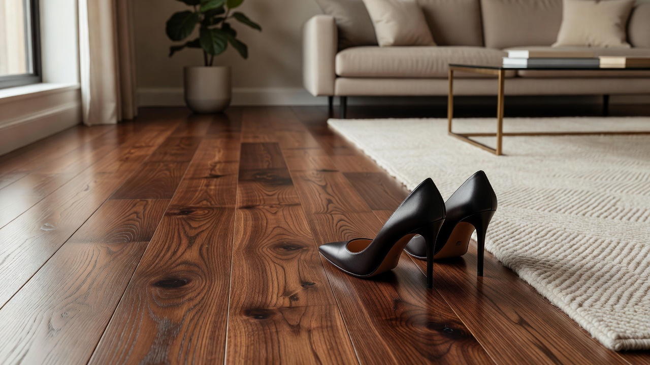 High heels will dent hardwood. Believe it! — modern flooring photography