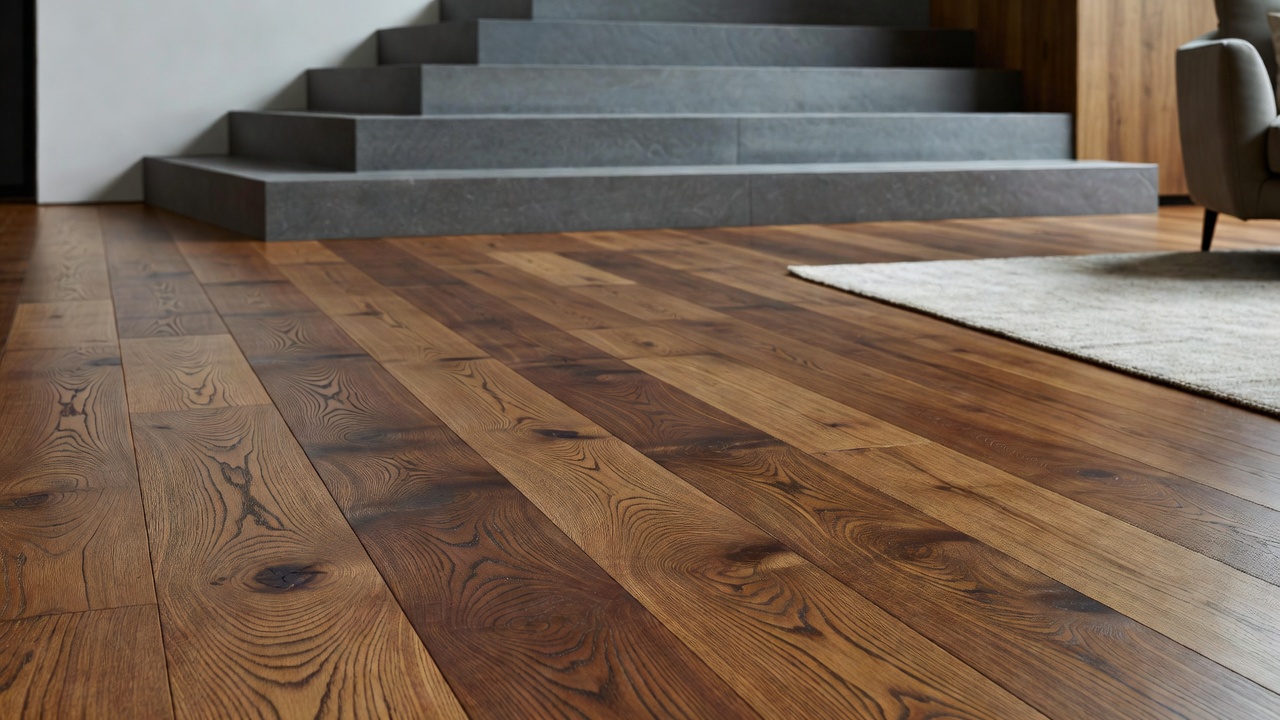 Slate Approaching Oak Stairs — modern flooring photography