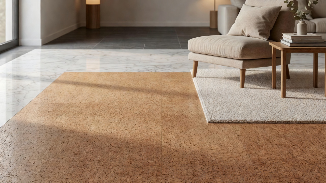 Transitions from Cork to Marble/Tile — modern flooring photography