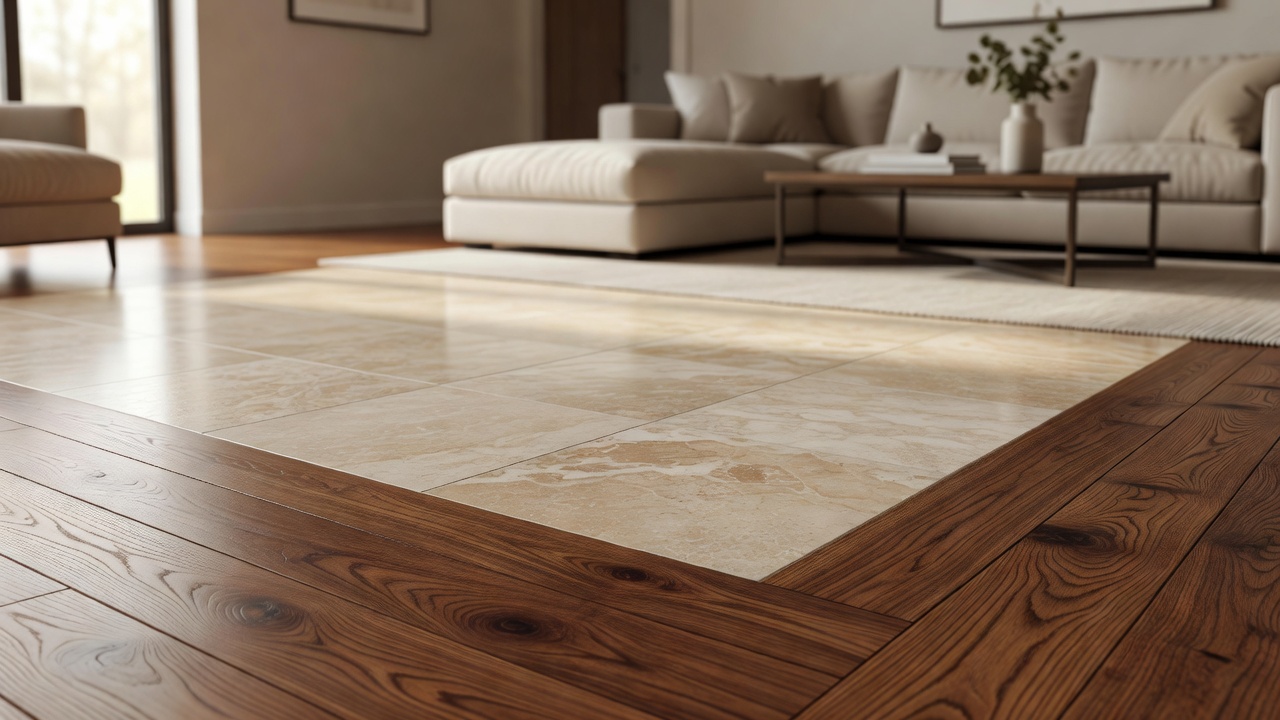 Wood as a Border Around Travertine Tiles — modern flooring photography