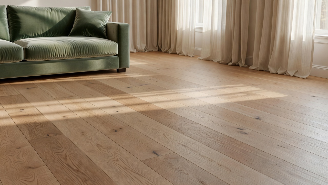 sunlit open-plan living room with natural white oak hardwood floors in a warm matte finish, linen curtains, sage velvet sofa, and soft afternoon light emphasizi