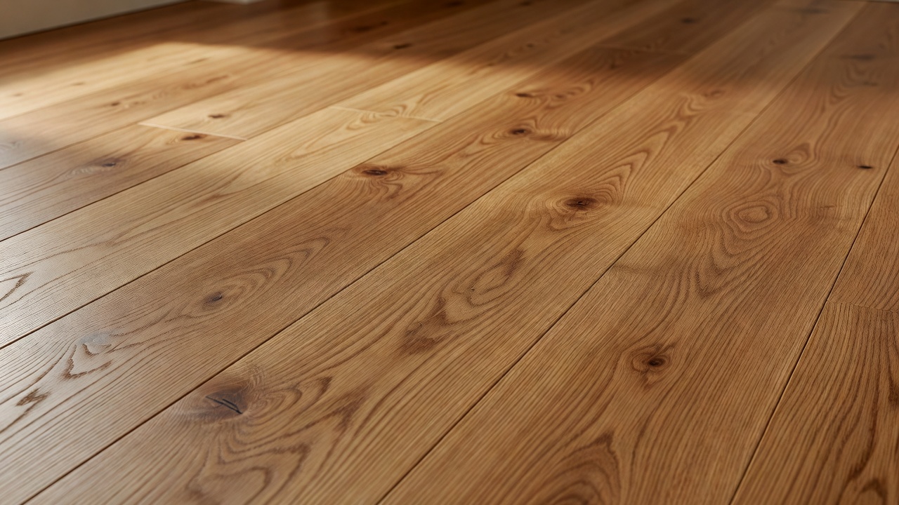 close-up detail of honey oak hardwood floor stain in matte finish showing natural grain texture and warm caramel tones under soft natural window light