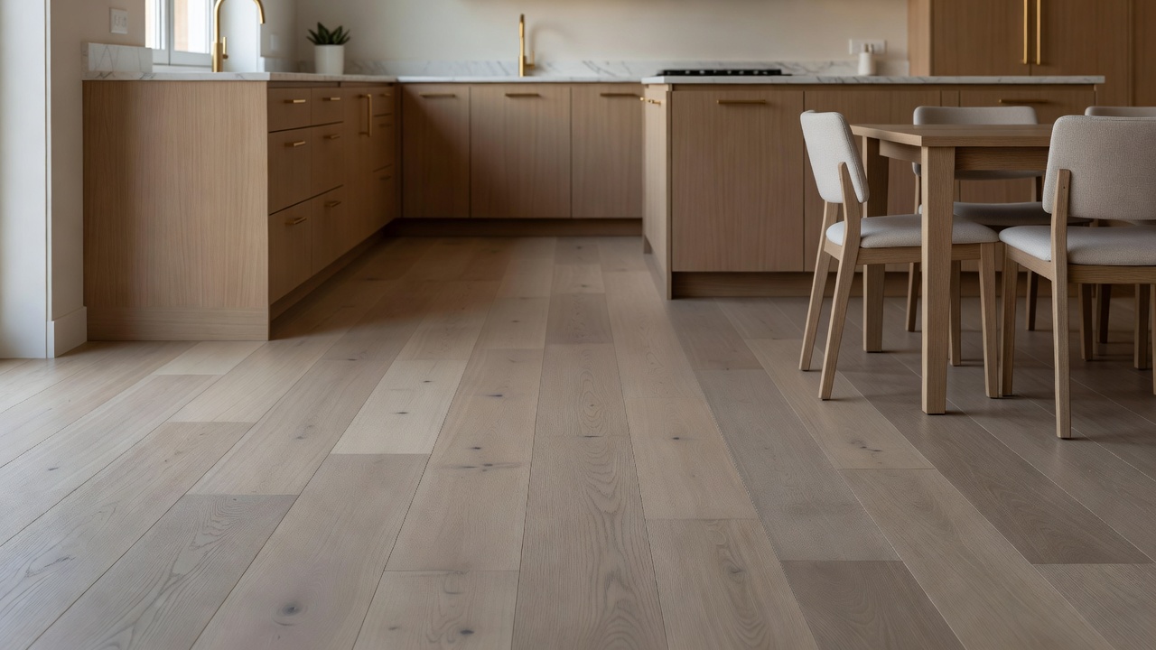 wide shot of a modern kitchen-dining space with soft greige wood floors in low-sheen matte, white oak cabinets, brass fixtures, and warm evening ambient light
