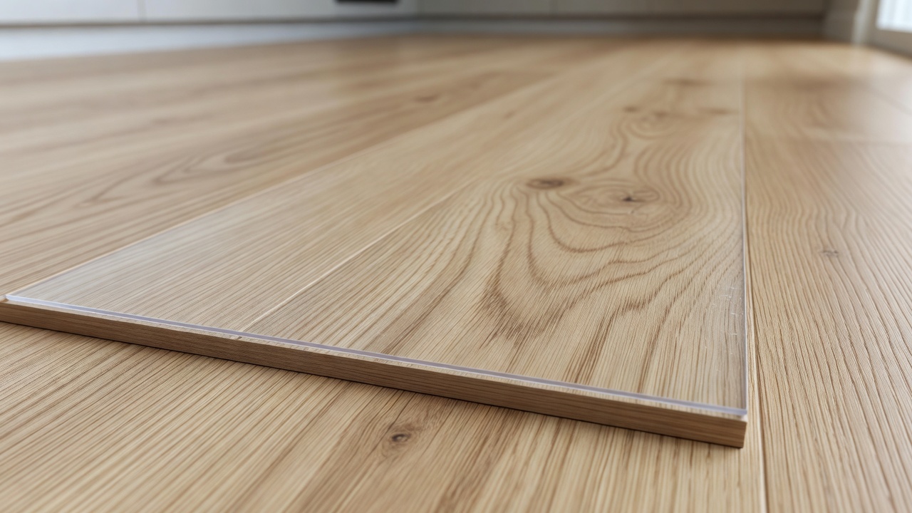 close-up photorealistic macro of a light oak laminate plank edge showing the thin transparent wear layer over the printed wood-grain décor paper, soft kitchen w