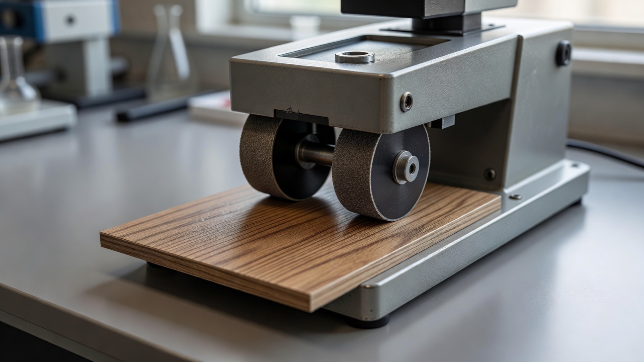 photorealistic overhead view of a Taber-style abrasion tester with dual abrasive wheels resting on a wood-look laminate sample, lab bench setting, shallow depth