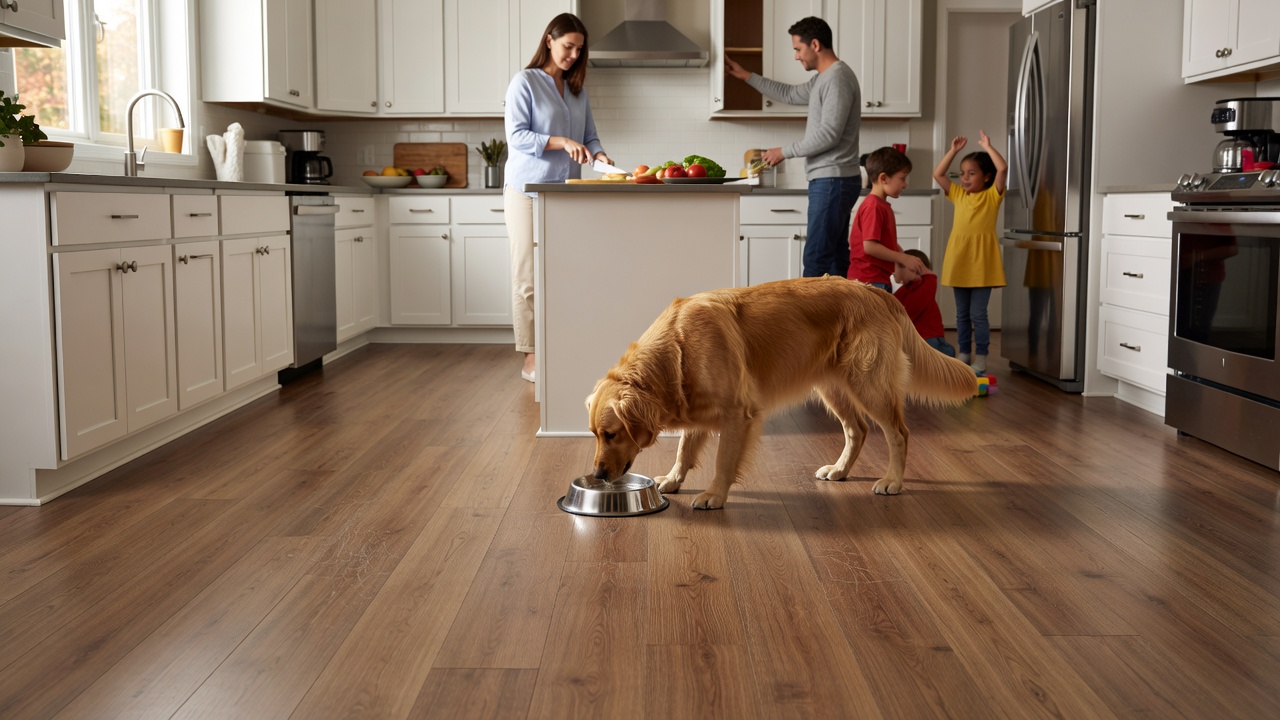photorealistic wide shot of a busy family kitchen with medium-tone AC4 laminate flooring, dog near a water bowl, soft afternoon light, subtle high-traffic path