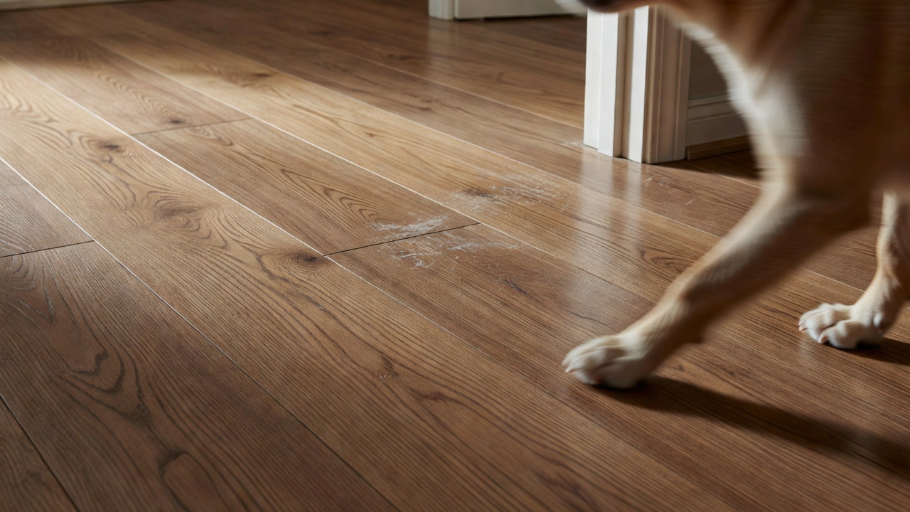 close-up photorealistic shot of a sunlit oak-look laminate hallway with faint scuff marks near a doorway, dog paws blurred in motion, aluminum-oxide wear layer 