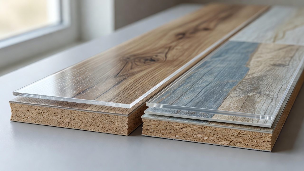 photorealistic macro of a cutaway laminate plank edge showing melamine aluminum-oxide overlay, printed décor paper, and dense HDF core beside a cutaway LVP plan