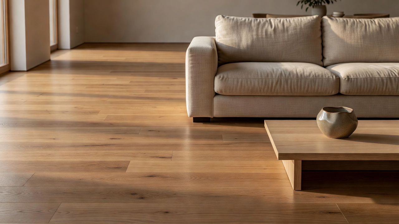 sunlit open-plan living room with wide-plank warm oak hardwood in soft matte finish, neutral linen sofa, ceramic vessel on low table, no people, natural late-af