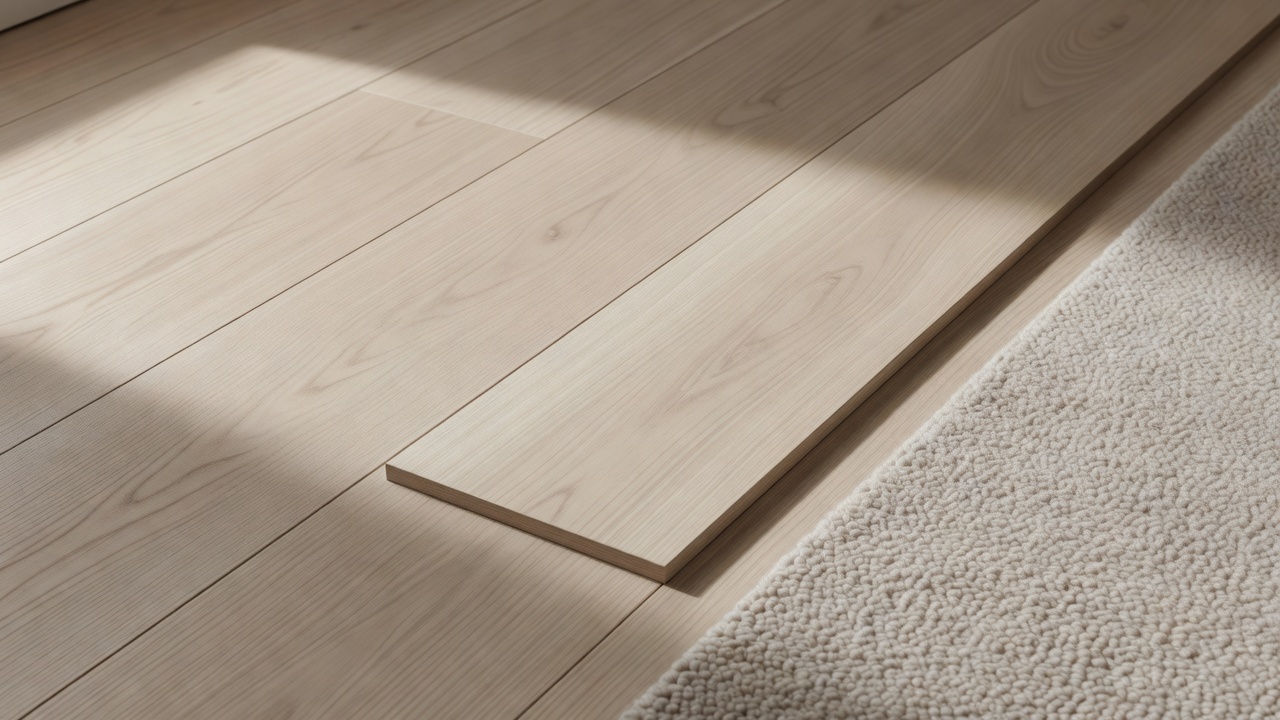 close-up three-quarter view of matte-finished white oak hardwood planks beside a satin-finished sample of the same species, soft natural sidelight showing how m