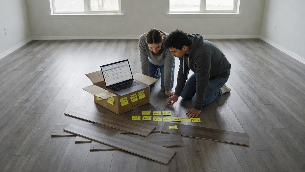 photorealistic overhead shot of a first-time homebuyer couple's living room with freshly installed medium-gray LVP flooring, open spreadsheet laptop on cardboar