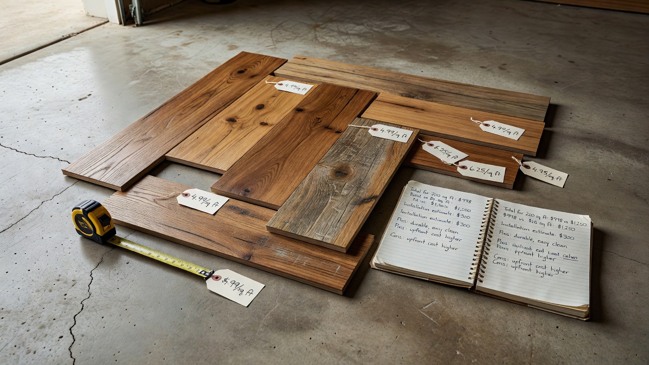 close-up photorealistic detail of luxury vinyl plank flooring samples in oak tones laid on a concrete garage floor next to a tape measure, price tags, and a fir