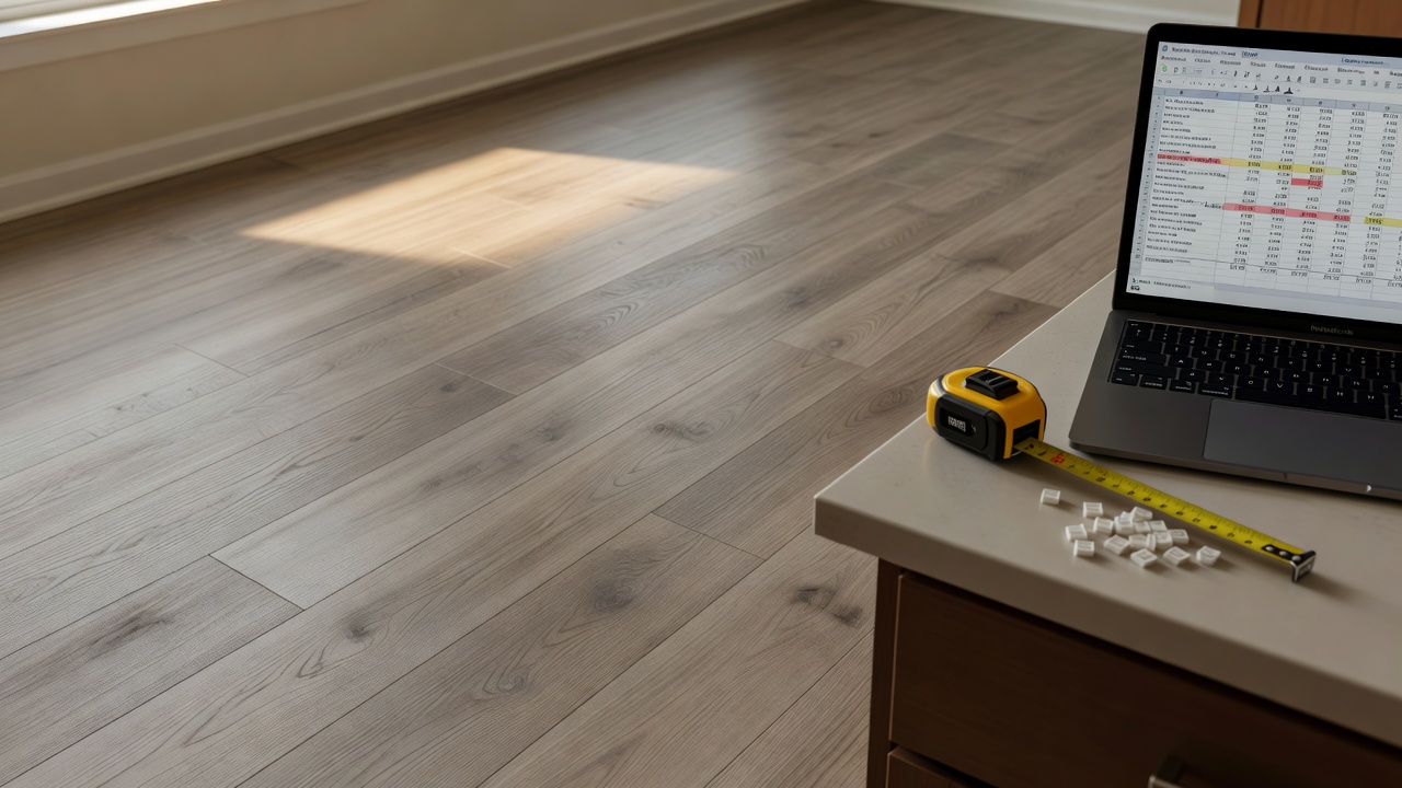 photorealistic overhead shot of a messy kitchen table covered in LVP and laminate sample planks, a laptop open to a colorful budget spreadsheet, coffee mug ring