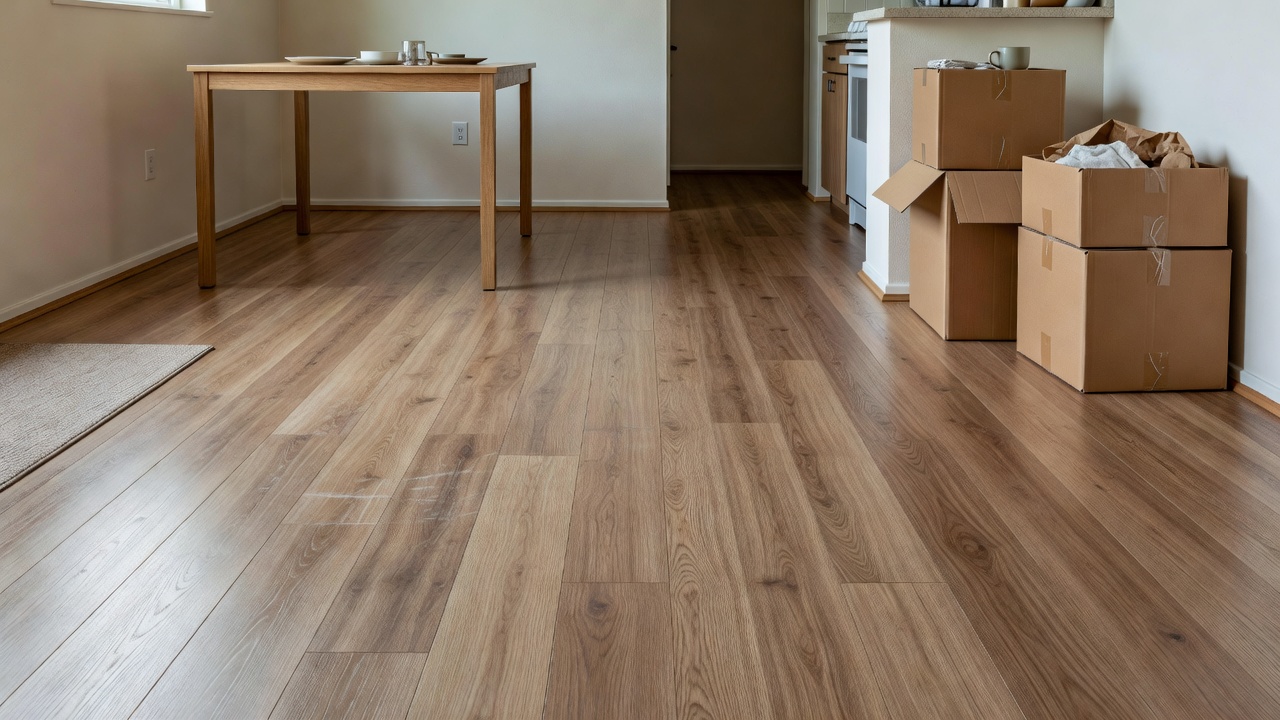photorealistic room-by-room flooring decision scene showing open doorway views of a kitchen with new medium-oak LVP, a bedroom with lighter laminate, sample pla