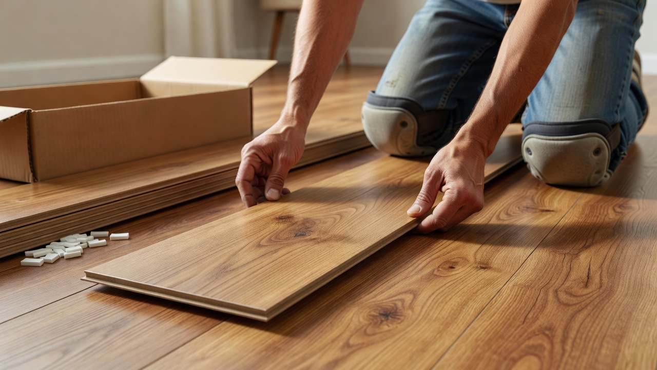 photorealistic close-up of a first-time homeowner's hands click-locking rigid-core LVP planks into place over a prepared plywood subfloor, knee pads, pull bar a