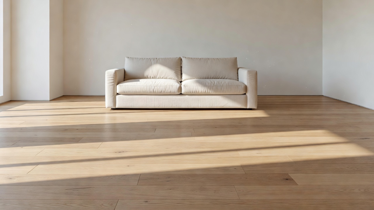 photorealistic open-concept living room staged for sale with continuous light-medium neutral LVP plank flooring flowing from sofa area to dining table, bright n