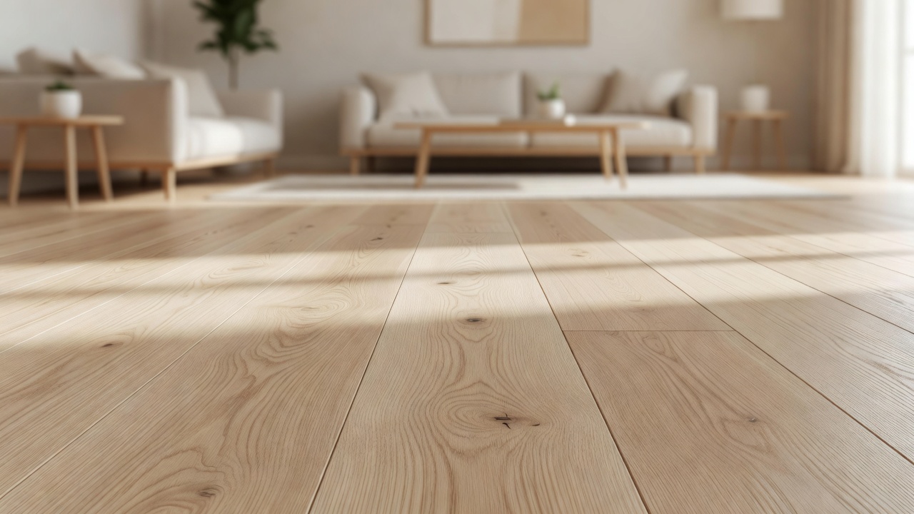 photorealistic close-up three-quarter angle of freshly refinished light oak hardwood floor in a staged hallway leading to a bright kitchen, subtle sheen, no hea