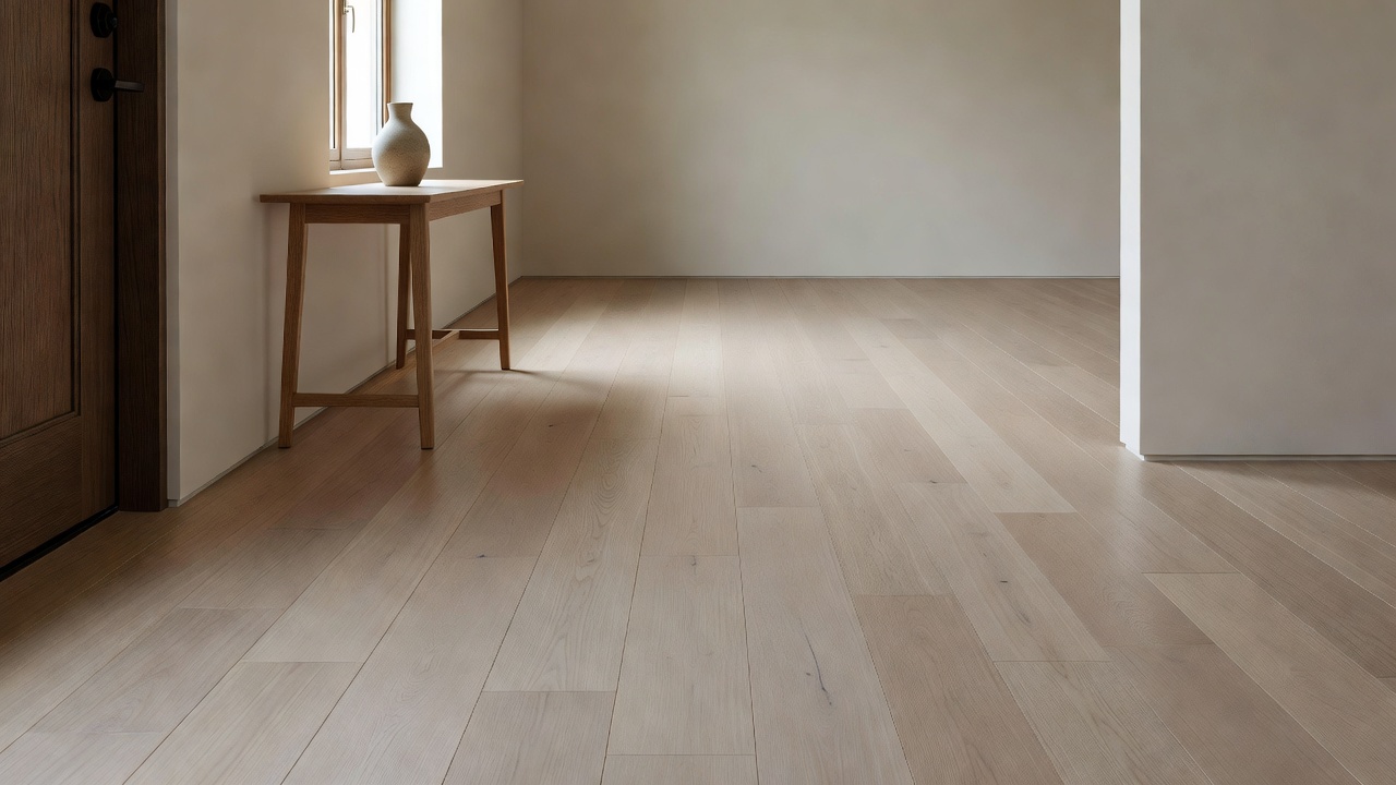 photorealistic side-by-side style single frame of a staged dining room with neutral medium hardwood floors freshly refinished, long table set simply for buyers,