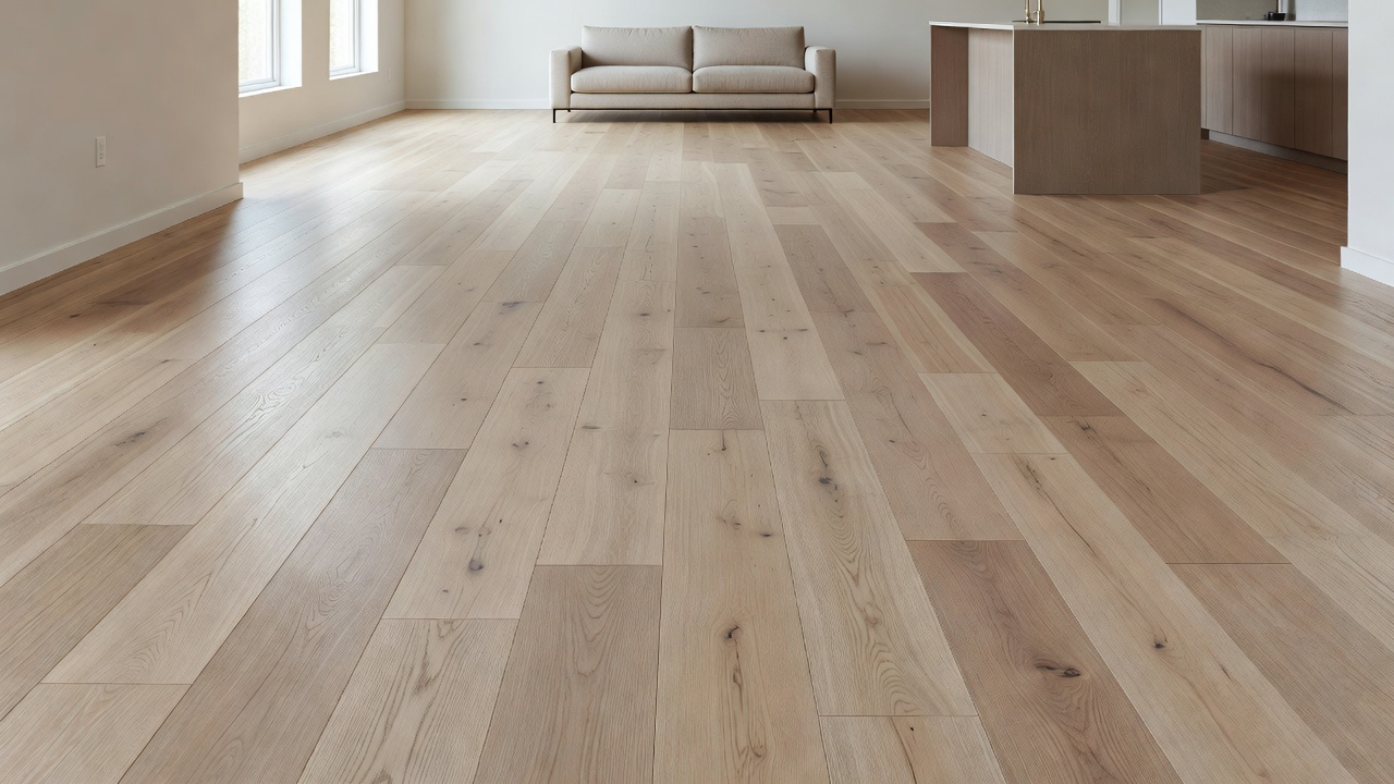 photorealistic wide shot of a brightly lit open-concept living room with freshly refinished medium-tone oak hardwood floors, staged with neutral furniture and l