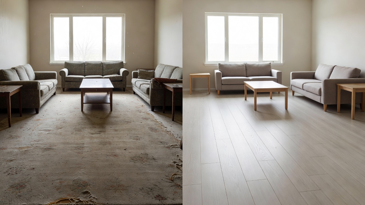 photorealistic side-by-side comparison view of a modern kitchen with light oak hardwood flowing into the adjacent family room versus the same kitchen layout wit