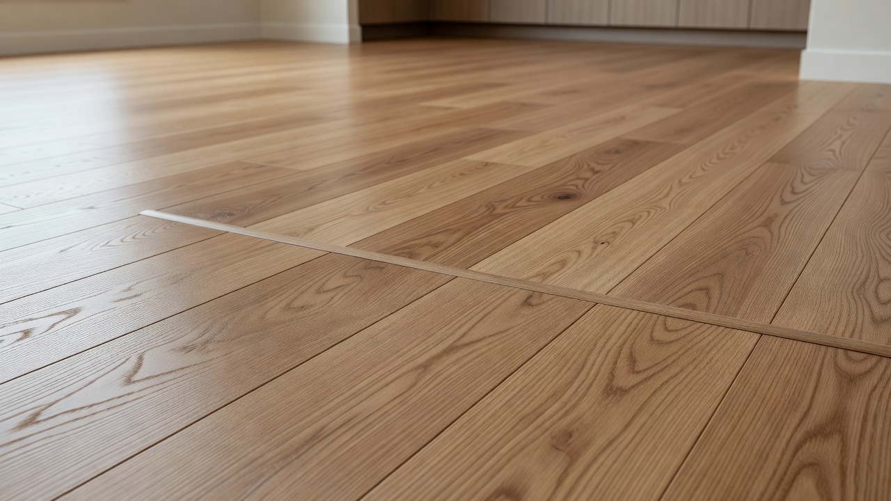 photorealistic close-up of refinished medium-light hardwood floor boards meeting a kitchen threshold with matching-tone LVP, clean transitions, soft daylight, r