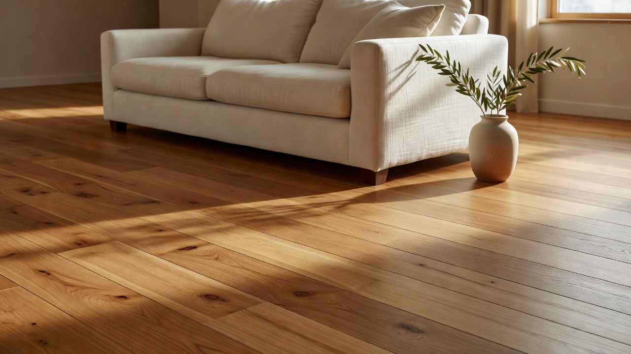 photorealistic wide shot of a freshly staged living room with light oak-look LVP flooring, neutral furniture, large windows casting natural light across clean p