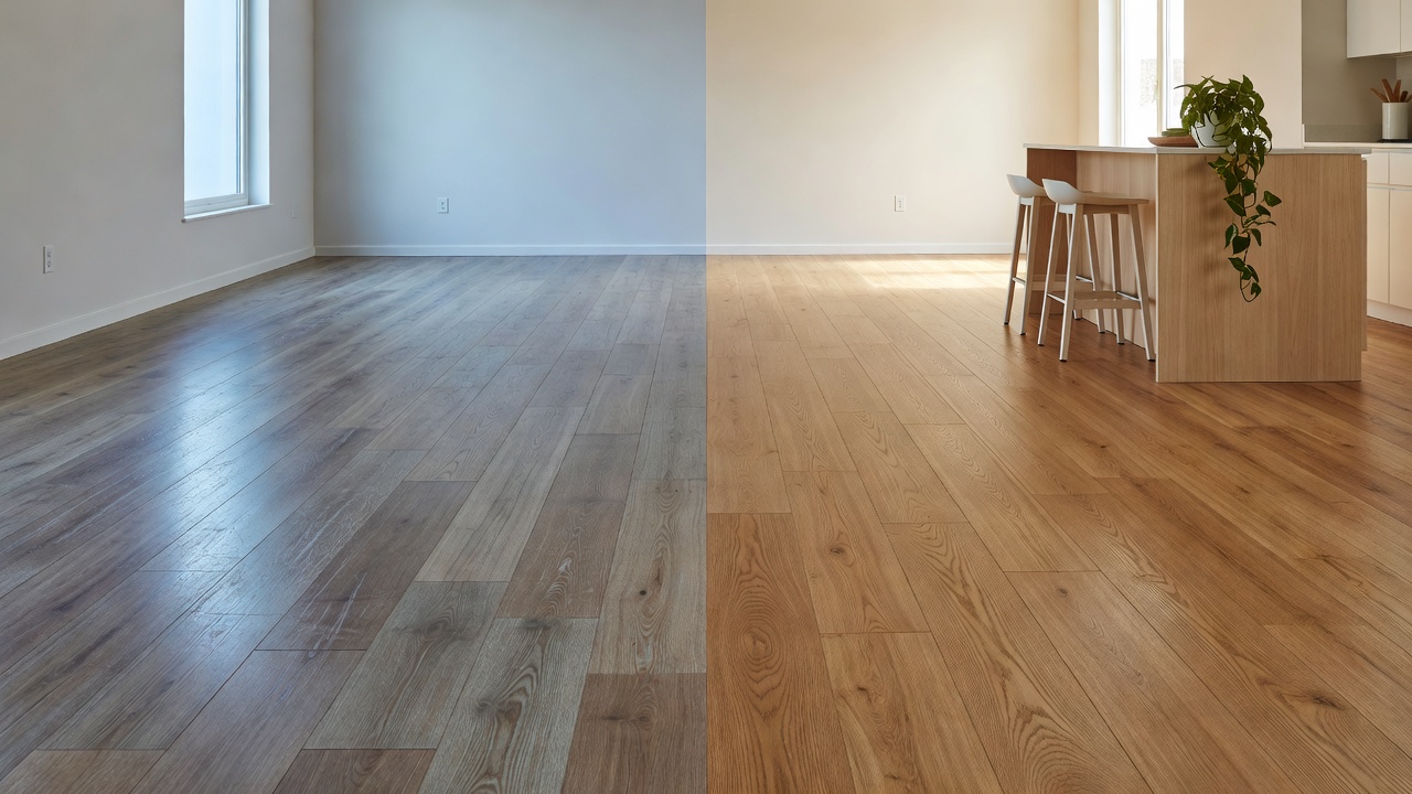 close-up photorealistic detail of premium rigid-core LVP planks in light natural oak tone installed in an empty staged hallway, visible tight seams and subtle w