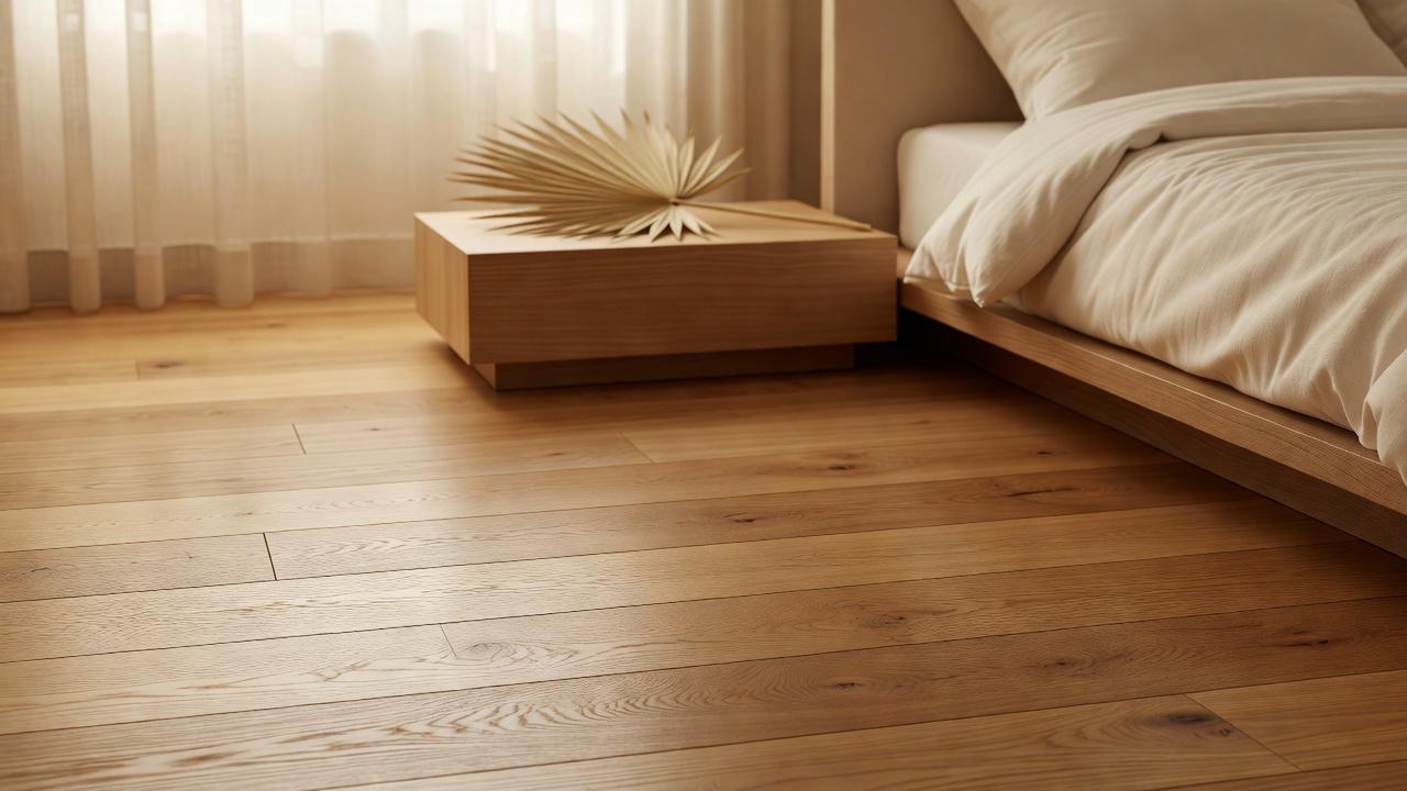 photorealistic view from a front doorway into a staged open-concept living and dining space featuring continuous light hardwood flooring, minimal furniture plac