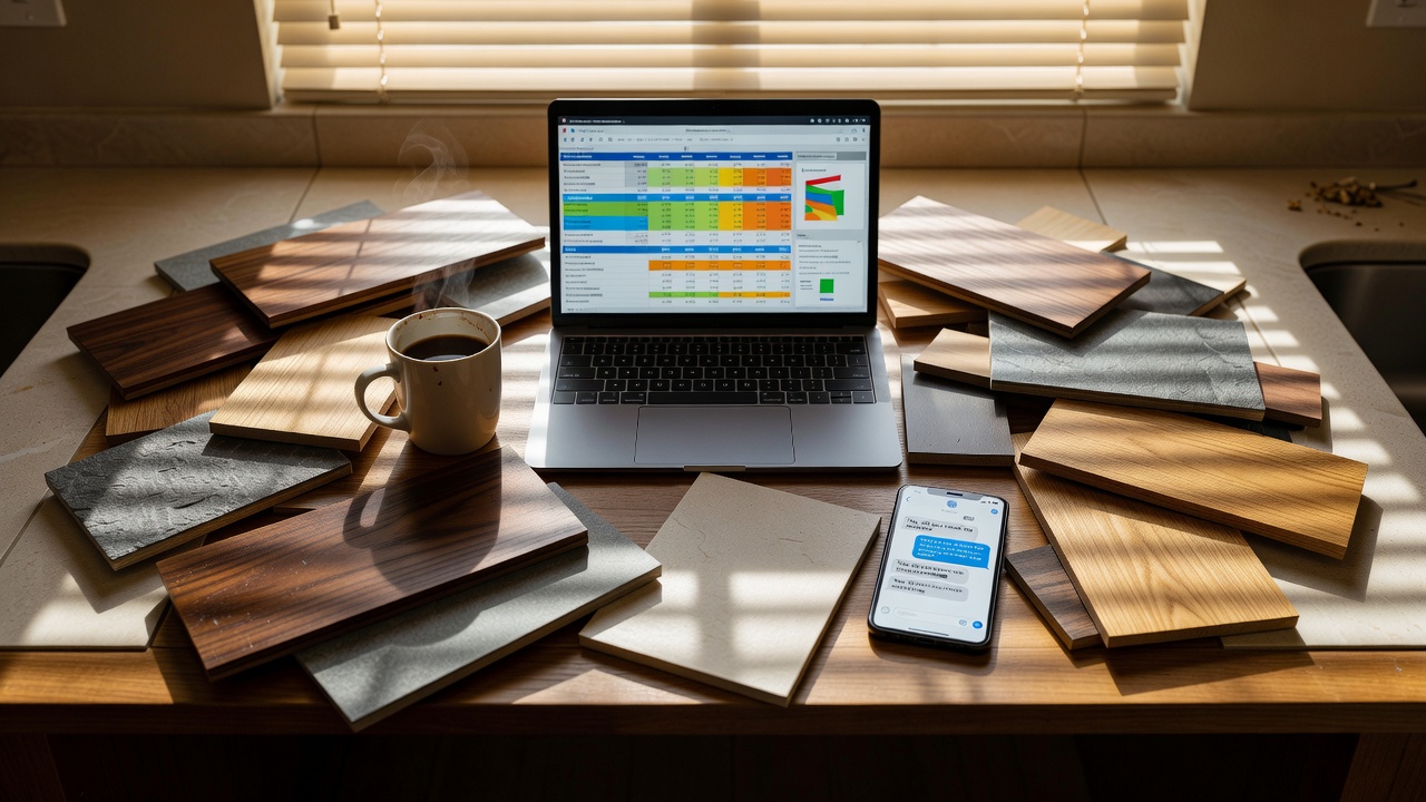 photorealistic overhead shot of a messy kitchen table covered in flooring sample planks, a laptop open to a colorful budget spreadsheet, a half-empty coffee mug