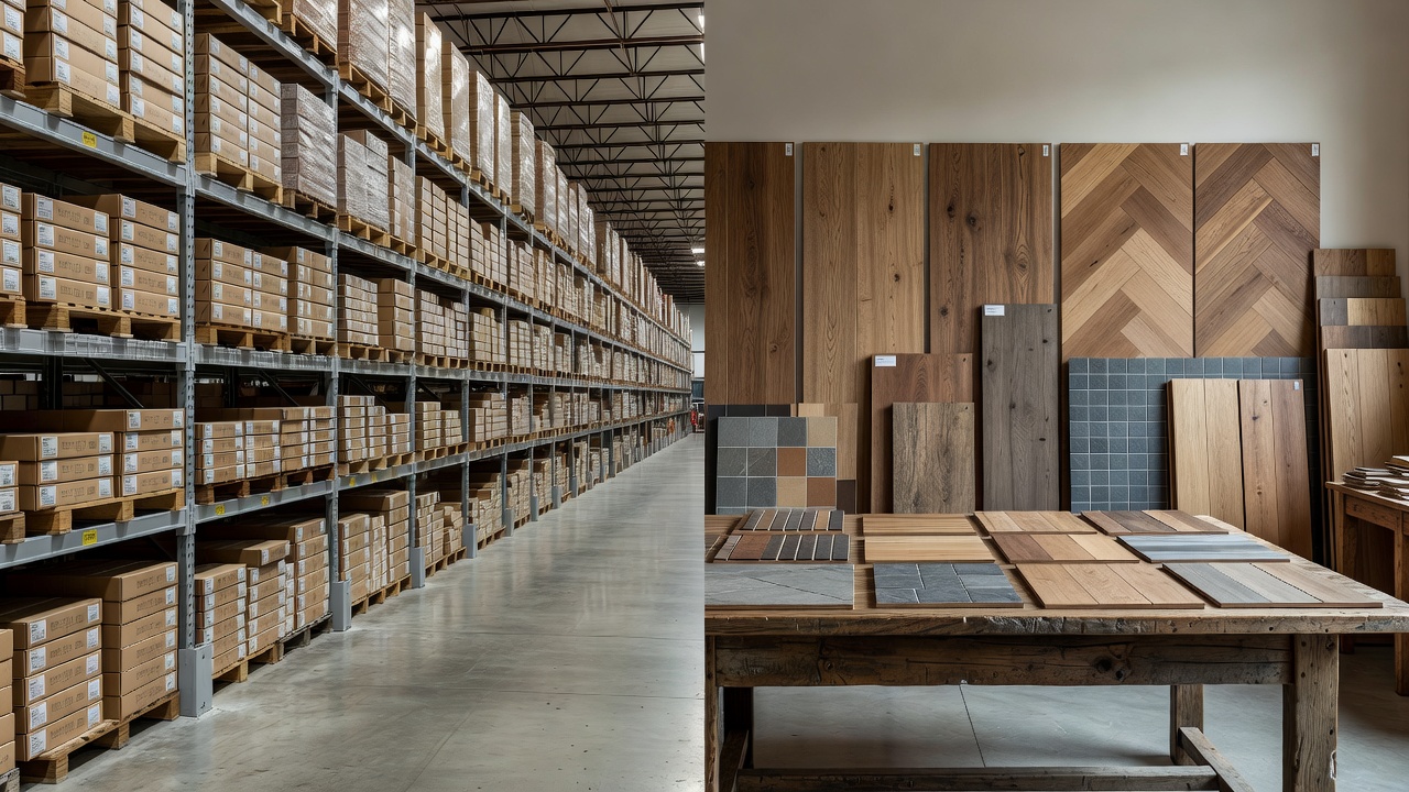 photorealistic side-by-side comparison scene of a big-box warehouse aisle stacked high with vinyl plank boxes next to a smaller specialty flooring showroom with