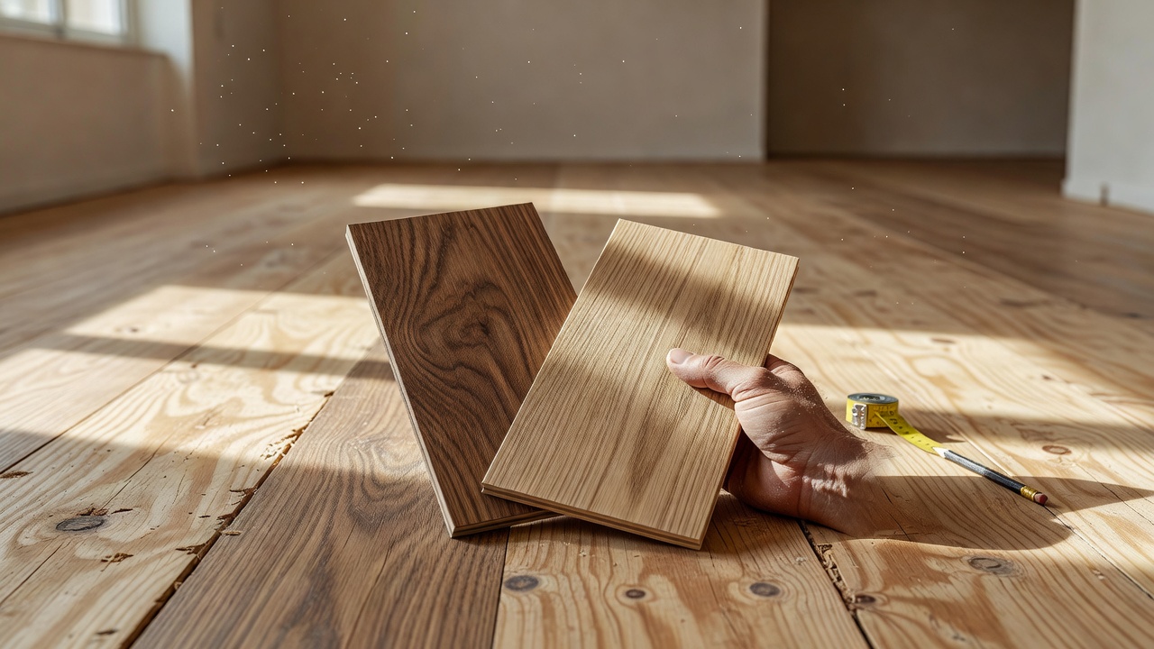 photorealistic close-up of a hand holding two luxury vinyl plank samples over an unfinished plywood subfloor in a sunlit empty living room, dust motes visible, 