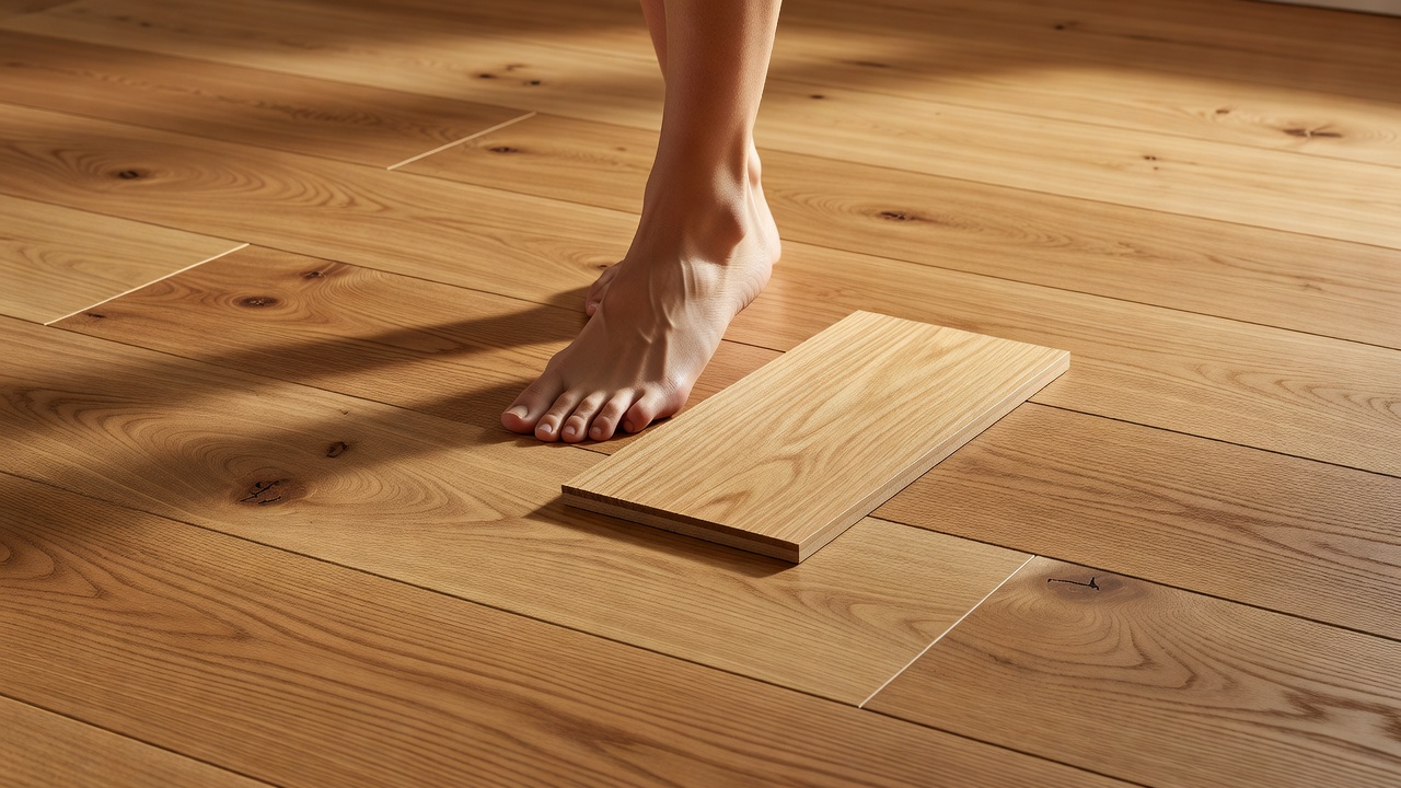 photorealistic close-up of a bare foot pausing on wide-plank European white oak engineered hardwood beside a solid oak sample, warm gallery lighting, visible gr