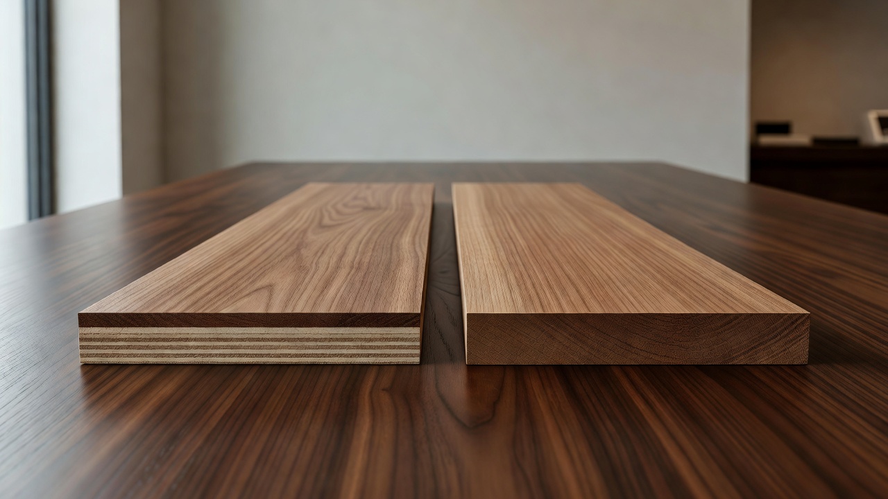photorealistic side-by-side cross-section of thick-wear-layer engineered hardwood plank and solid hardwood plank on a dark walnut tasting table, soft museum lig