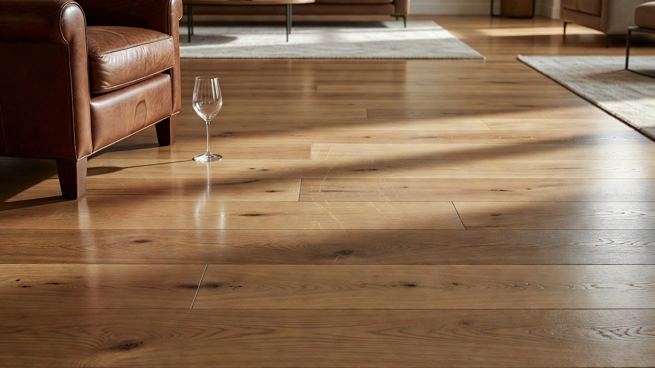 photorealistic luxury living room with wide engineered white oak floorboards in afternoon light, leather club chair leg and wine glass reflection on the finish,