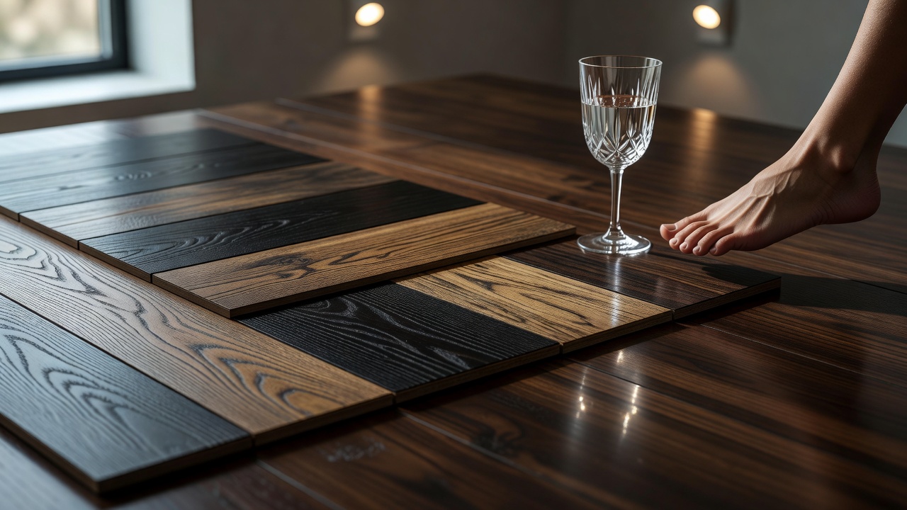 photorealistic close-up of a discerning man's polished oxford shoe paused mid-step on hyper-realistic oak-look luxury vinyl plank flooring in a sunlit showroom,