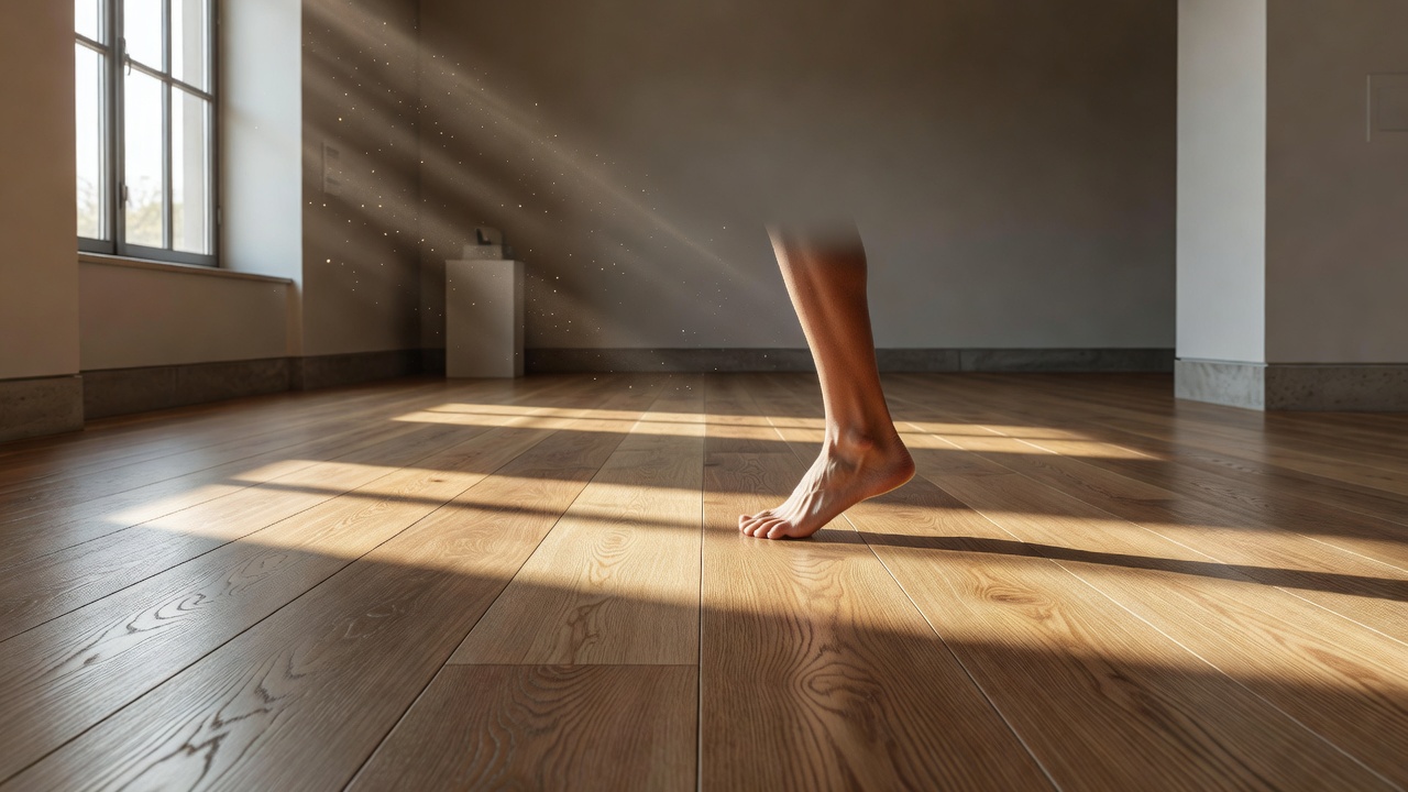 photorealistic wide shot of an elegant empty showroom aisle lined with sample boards of luxury vinyl plank in various oak and walnut tones, dramatic overhead li