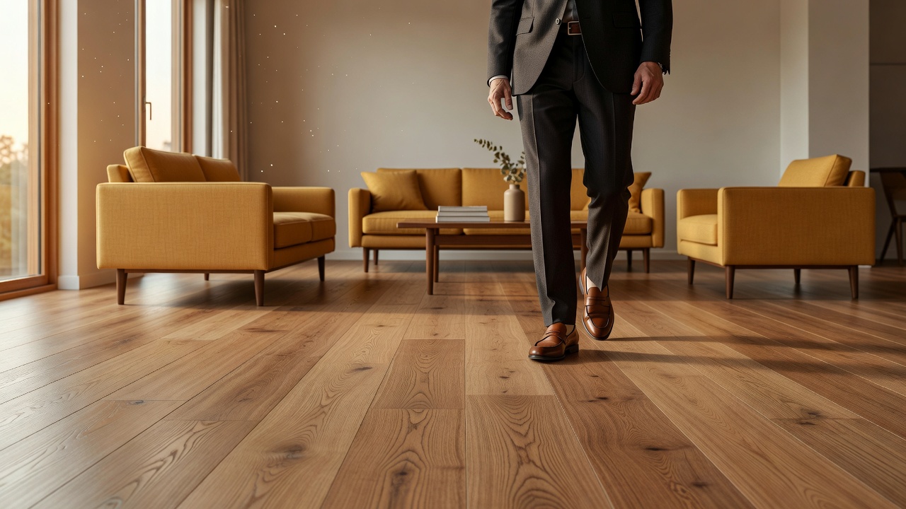 photorealistic wide shot of an elegant empty dining room with mixed flooring—three-quarter solid walnut boards in the main area transitioning to premium LVP in