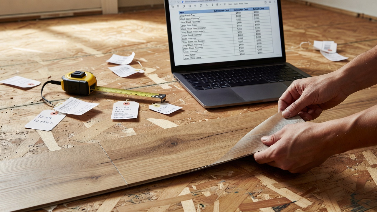 photorealistic close-up of a first-time homeowner's hands peeling the backing off a light-oak peel-and-stick vinyl plank on a half-finished kitchen subfloor lit