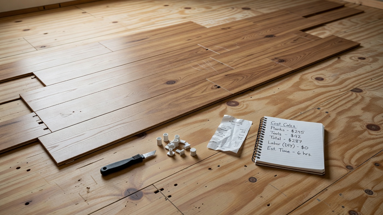 photorealistic overhead shot of a beginner DIY vinyl plank installation in progress on a plywood subfloor, showing click-lock planks partially clicked together,