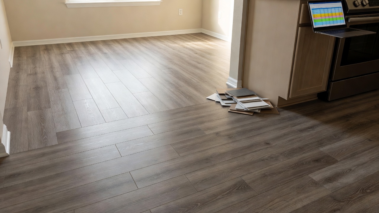 photorealistic wide shot of a finished budget DIY click-lock LVP kitchen floor in warm gray wood-look vinyl, morning light coming through window, showing clean 