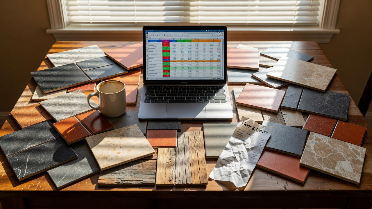 photorealistic overhead shot of a messy kitchen table covered in peel-and-stick vinyl tile samples, a laptop open to a colorful budget spreadsheet, a half-empty