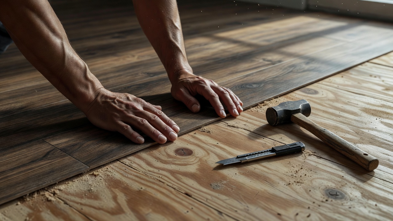 photorealistic close-up of hands pressing a peel-and-stick vinyl plank into place on a plywood subfloor, rubber mallet and utility knife nearby, natural window 
