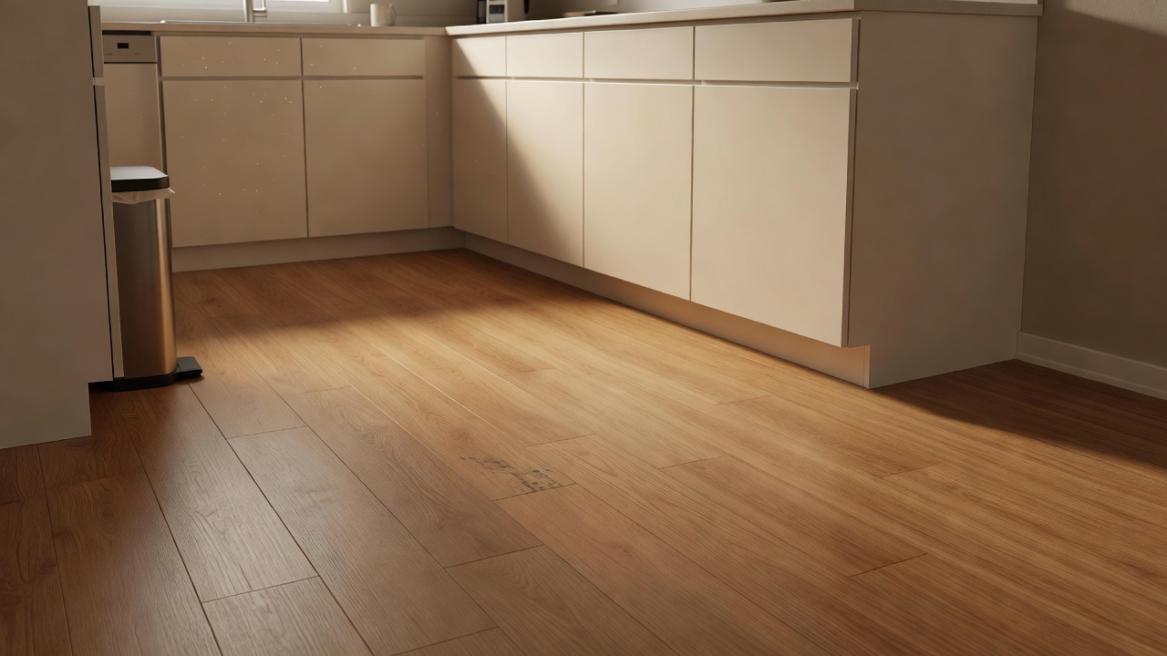 photorealistic wide shot of a finished small kitchen with new budget peel-and-stick vinyl plank flooring in warm wood-look tone, simple white cabinets, soft eve