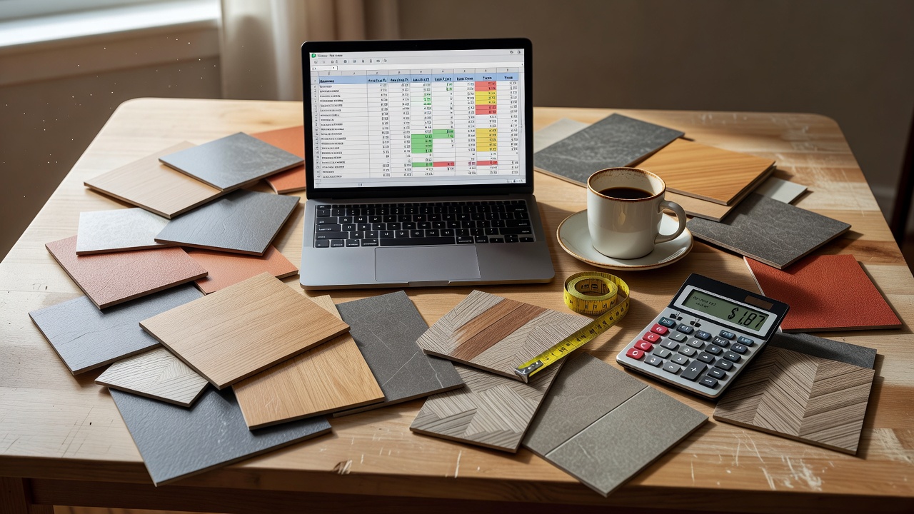 photorealistic overhead shot of a chaotic kitchen table covered in peel-and-stick vinyl samples, a laptop open to a color-coded budget spreadsheet, a half-empty