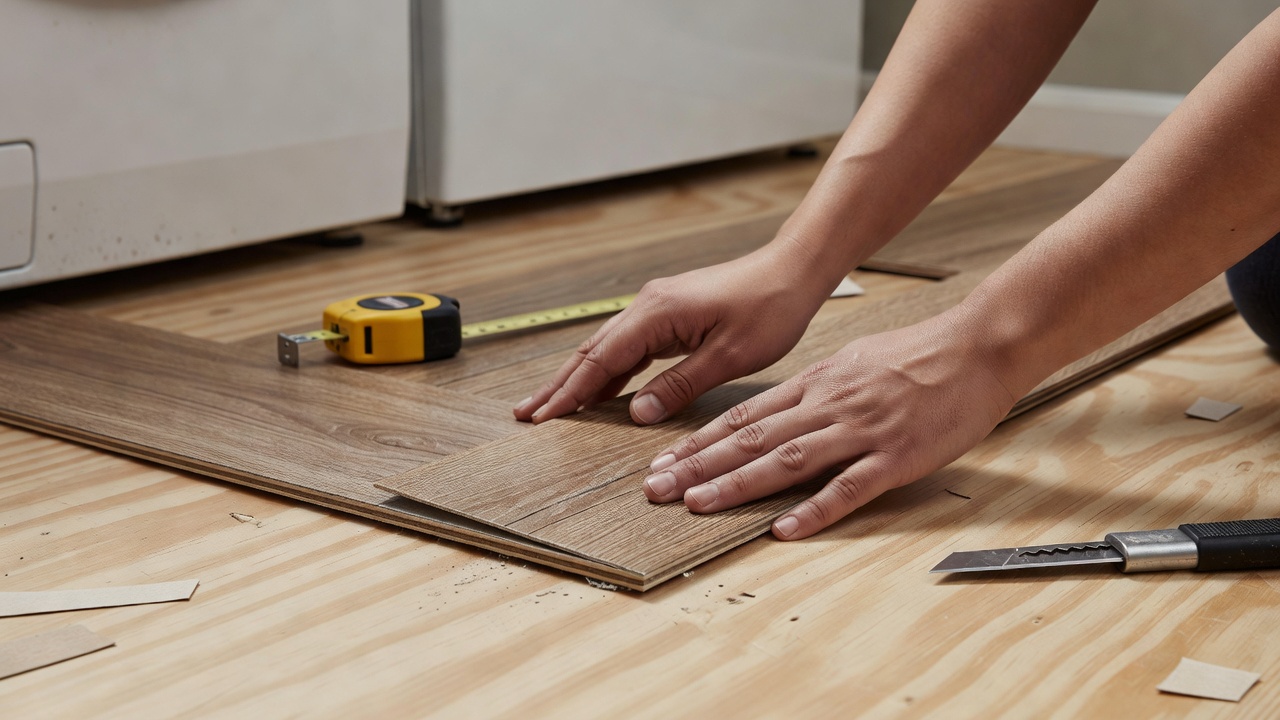 photorealistic close-up of a beginner’s hands pressing thick peel-and-stick vinyl plank onto a clean plywood subfloor in a small laundry room, measuring tape an