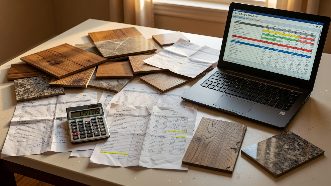 photorealistic overhead shot of a kitchen table covered in printed cost spreadsheets, peel-and-stick vinyl sample tiles in wood and stone looks, a cheap click-l