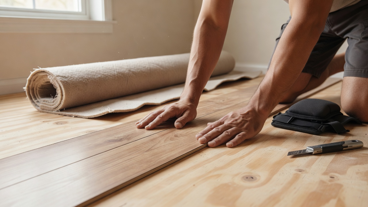 photorealistic close-up of a first-time DIYer's hands pressing a peel-and-stick vinyl plank onto a clean plywood subfloor in a small bedroom, leftover carpet pa