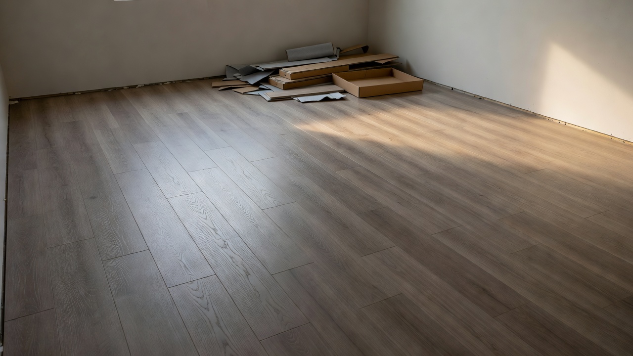 photorealistic wide shot of a freshly installed budget click-lock luxury vinyl plank floor in a small empty guest bedroom, soft gray-brown wood look, baseboards